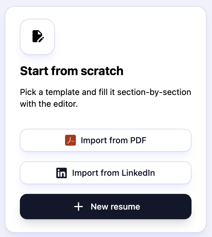 CVlume dashboard card with Import from LinkedIn and Import from PDF buttons