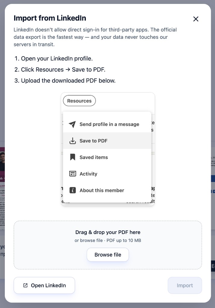 Import from LinkedIn dialog with export steps and PDF upload dropzone