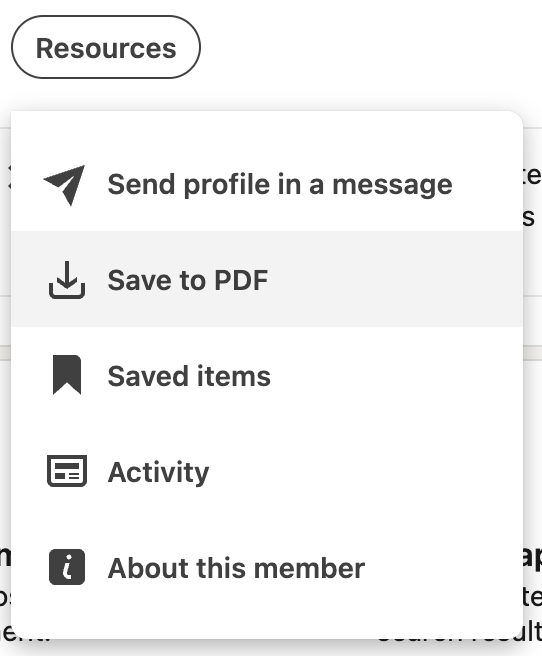 LinkedIn Resources menu with Save to PDF highlighted