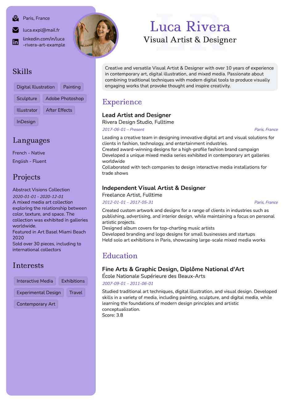 Preview of CV for an artist